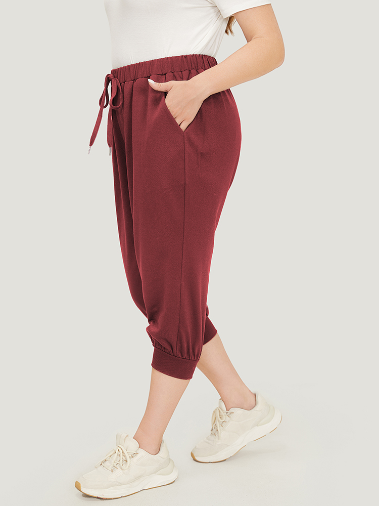 

Plus Size Solid Knot Front Pocket Carrot Pants Women Burgundy Casual High Rise Dailywear Pants BloomChic