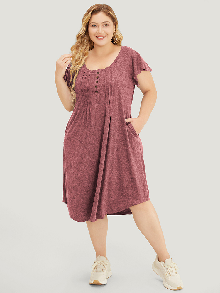 

Plus Size Plain Pleated Ruffle Sleeve Pocket Button Up Curved Hem Dress DustyPink Women Arc Hem Round Neck Cap Sleeve Curvy Midi Dress BloomChic