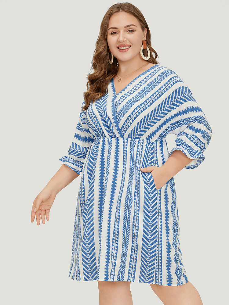 

Plus Size Geometric Print Wrap Pocket Lantern Sleeve Knee Dress LightBlue Women Resort Wrap V-neck Half Sleeve Curvy BloomChic