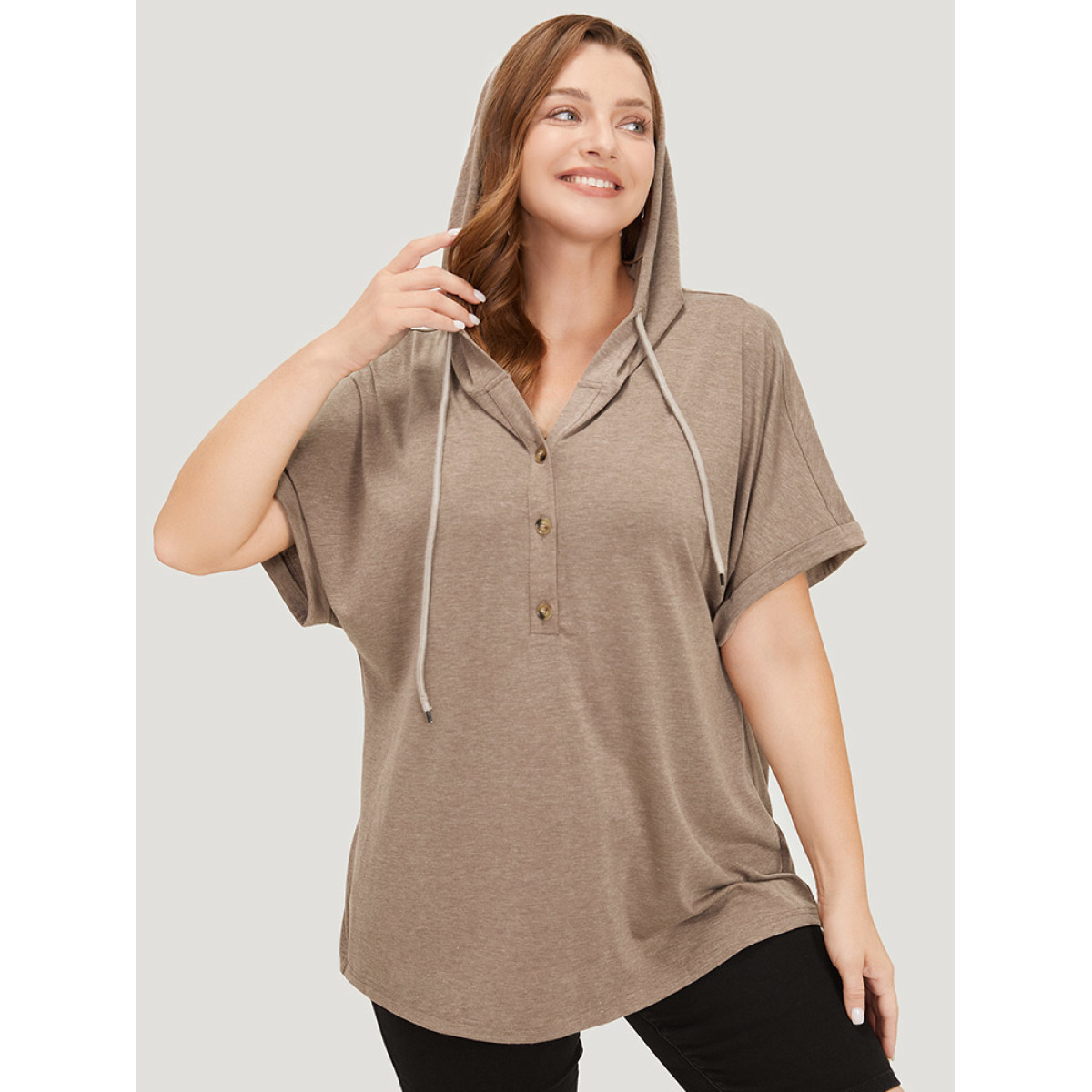 

Plus Size Plain Drawstring Roll Sleeve Button Up Hooded T-shirt DarkBrown Women Casual Drawstring Plain Hooded Everyday T-shirts BloomChic