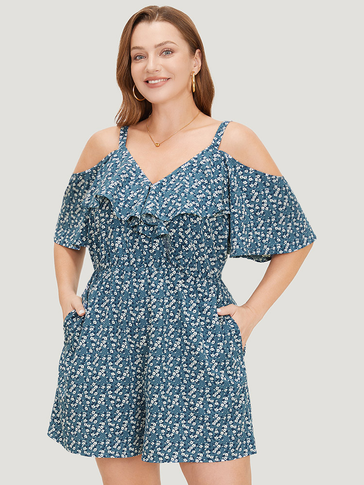 

Plus Size Stone Ditsy Floral Pocket Zipper Ruffle Cold Shoulder Romper Women Casual Short sleeve Spaghetti Strap Dailywear Loose Jumpsuits BloomChic