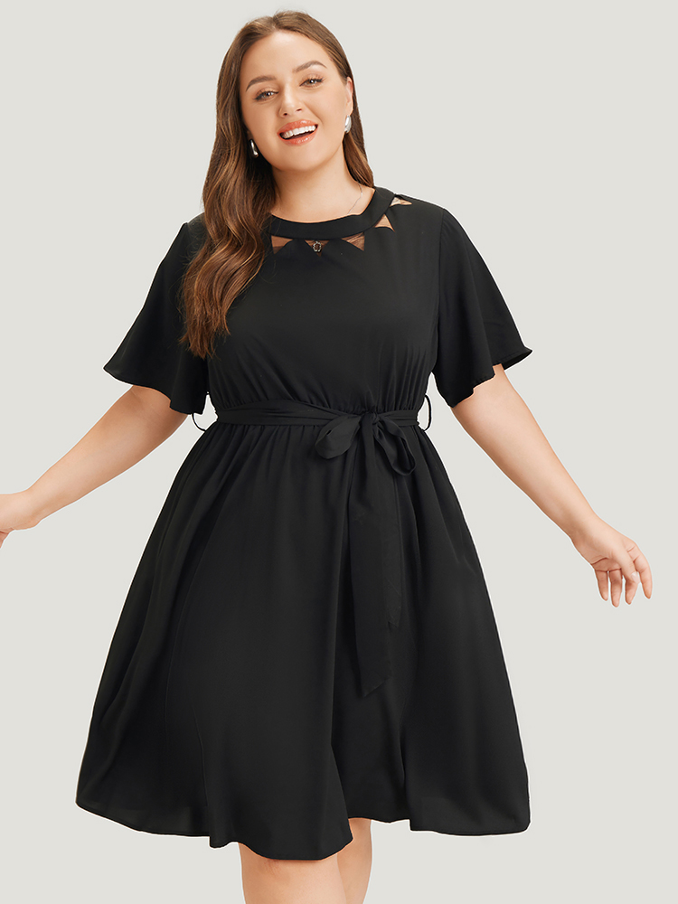 

Plus Size Anti-Wrinkle Solid Flutter Belted Pocket Mesh Cut Out Dress Black Women Office See through Round Neck Short sleeve Curvy Midi Dress BloomChic