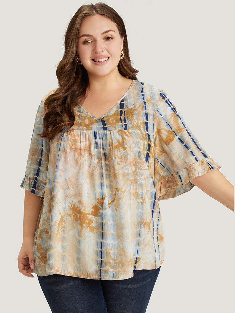 

Plus Size Navy Tie Dye V Neck Flounce Sleeve Blouse Women Vacation Half Sleeve V-neck Dailywear Blouses BloomChic