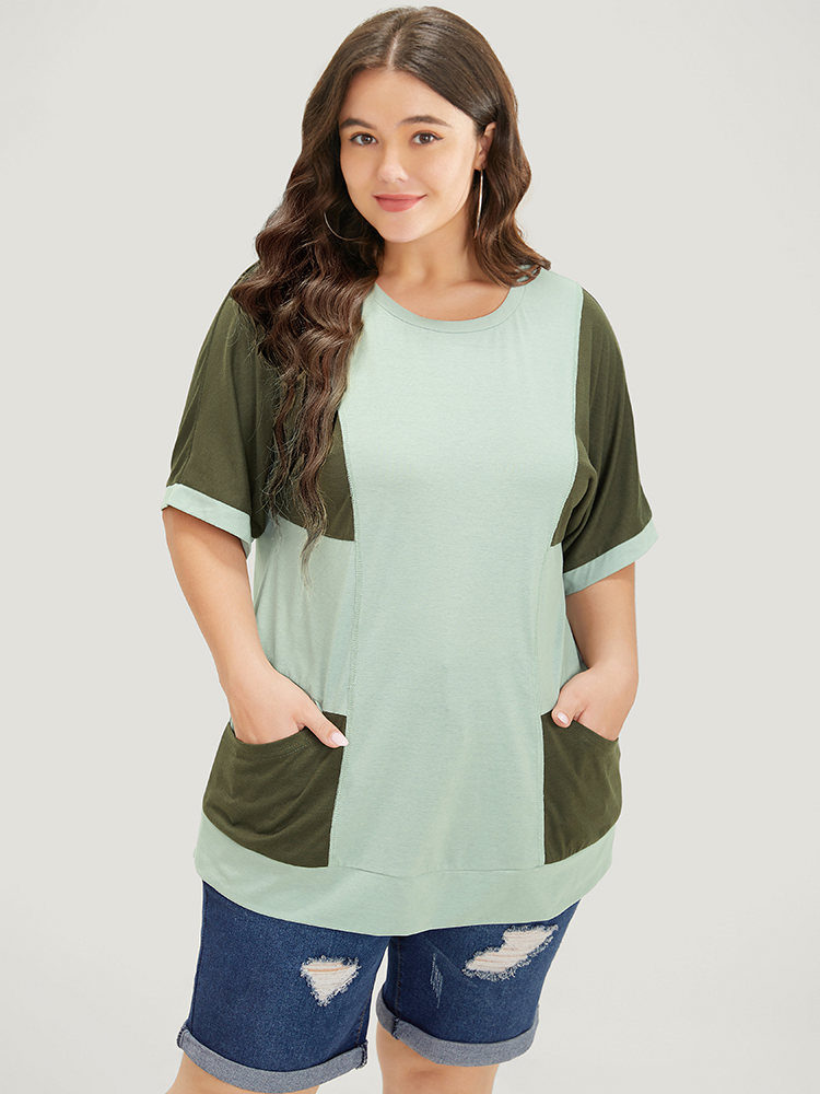 Plus Size Women Dailywear Colorblock Contrast Dolman Sleeve Short sleeve Round Neck Casual T-shirts BloomChic 