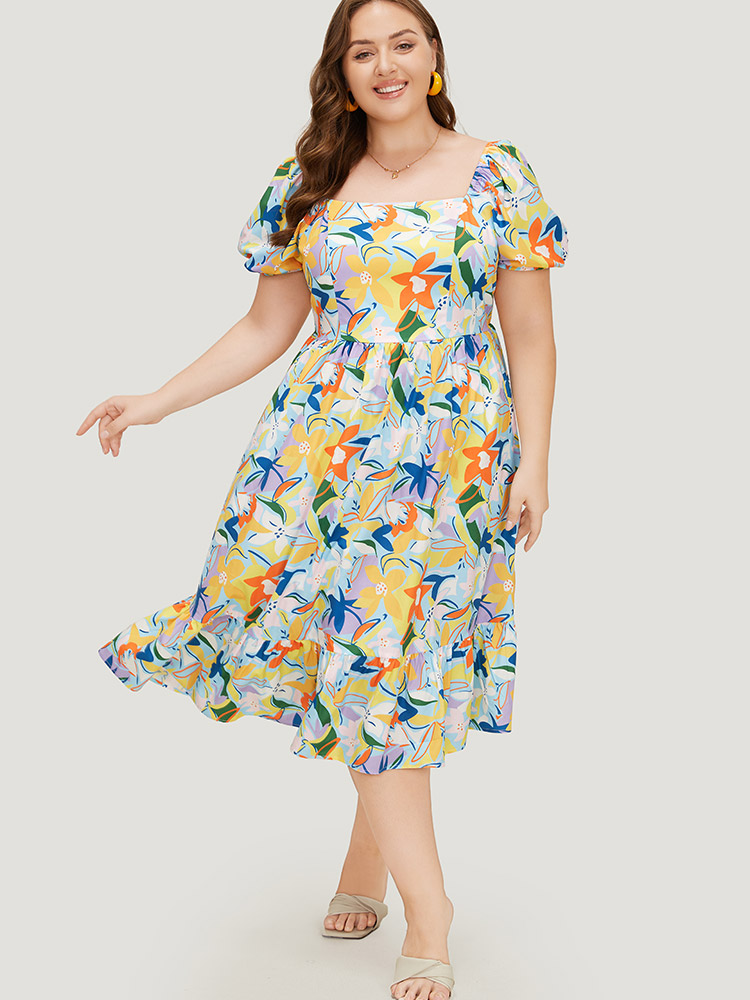 

Plus Size Floral Print Pocket Ruffle Hem Square Neck Dress Multicolor Women Elegant Tiered Square Neck Short sleeve Curvy Midi Dress BloomChic