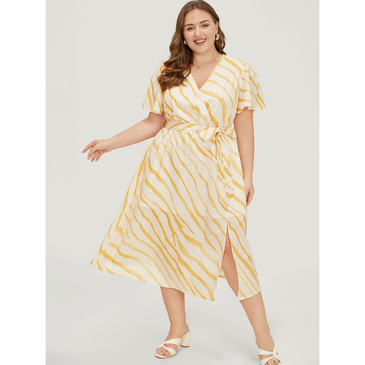 

Plus Size Zebra Print Wrap Pocket Belt Ruffle Sleeve Split Dress Yellow Women Wrap V-neck Short sleeve Curvy Midi Dress BloomChic