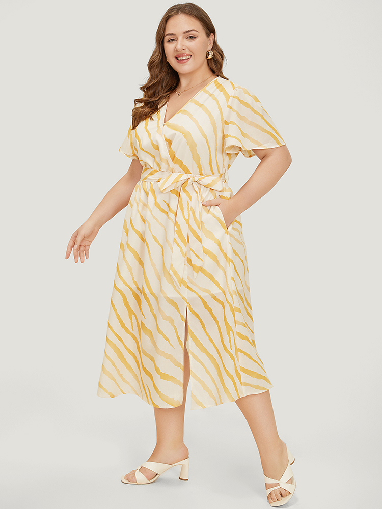 

Plus Size Zebra Print Wrap Pocket Belt Ruffle Sleeve Split Dress Yellow Women Elegant Wrap V-neck Short sleeve Curvy Midi Dress BloomChic