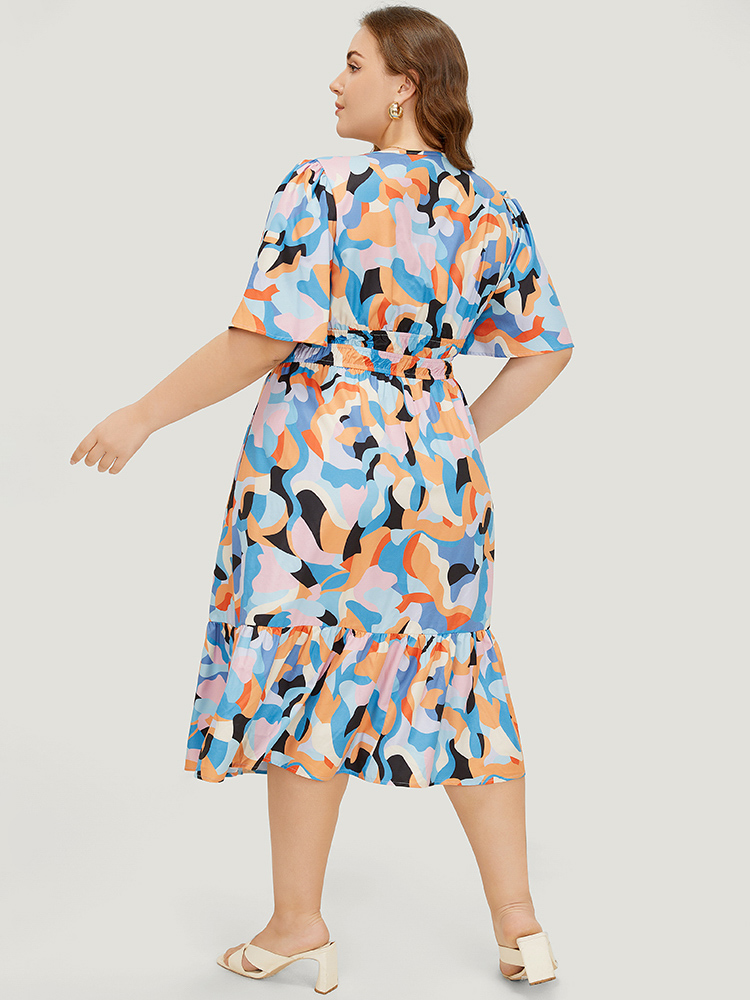 

Plus Size Geometric Contrast Pocket Shirred Wrap Ruffles Dress Multicolor Women Elegant Wrap V-neck Short sleeve Curvy Midi Dress BloomChic