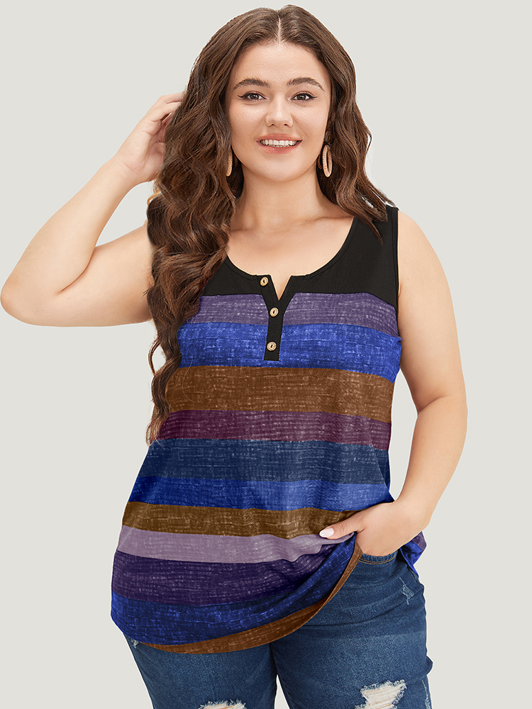 

Plus Size Rainbow Striped Notched Button Detail Arc Hem Tank Top Women Blue Casual Contrast Notched collar Everyday Tank Tops Camis BloomChic