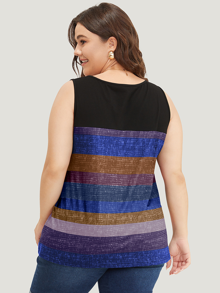 

Plus Size Rainbow Striped Notched Button Detail Arc Hem Tank Top Women Blue Casual Contrast Notched collar Everyday Tank Tops Camis BloomChic