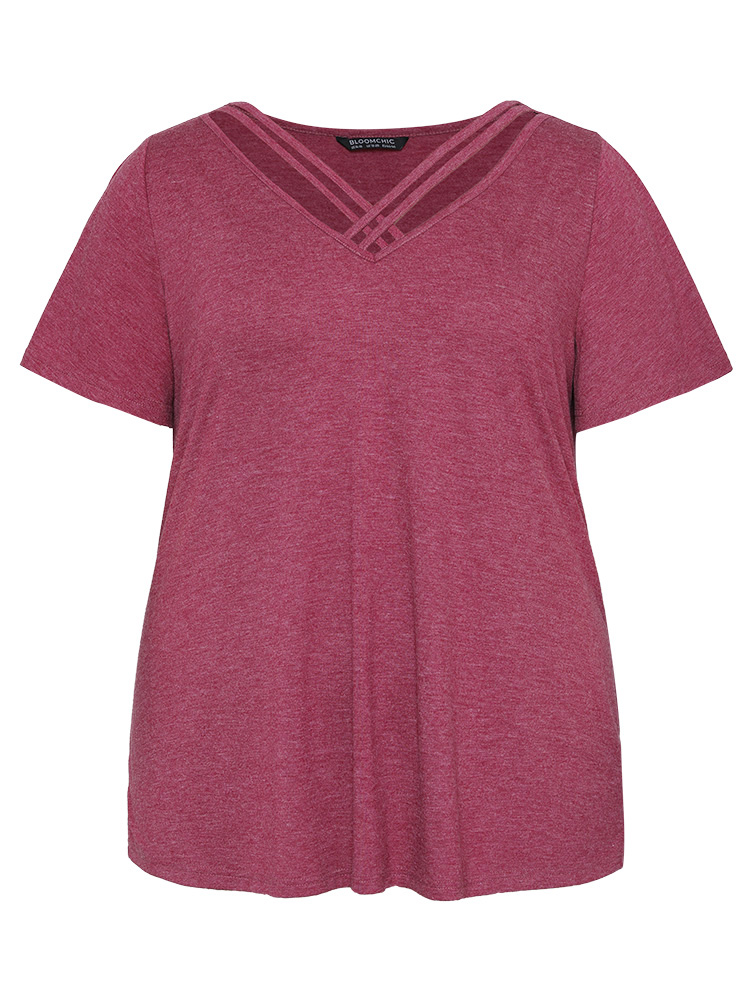 

Plus Size Plain Ruffle Sleeve Heather Crisscross Neck T-shirt RedViolet Women Casual Heather Plain V-neck Dailywear T-shirts BloomChic