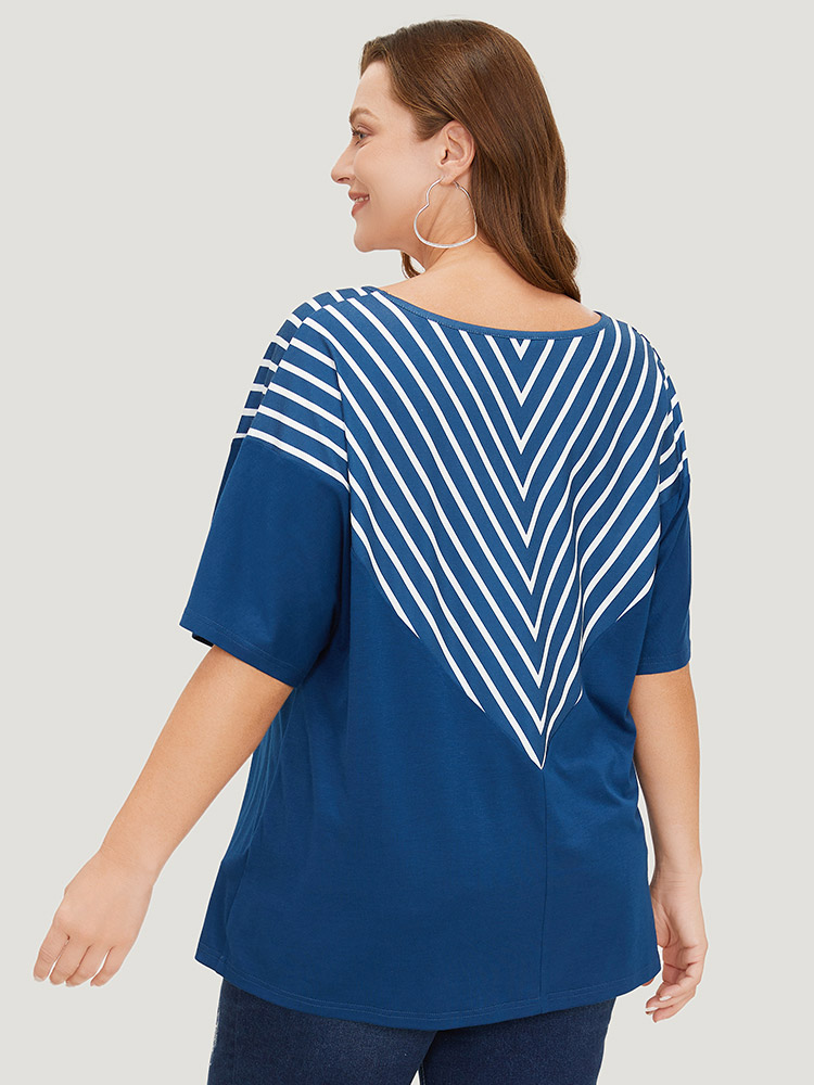 Plus Size Striped V Neck Batwing Sleeve Geometric T-shirt DarkBlue Women Casual Geometric V-neck Dailywear T-shirts BloomChic 26/4X 