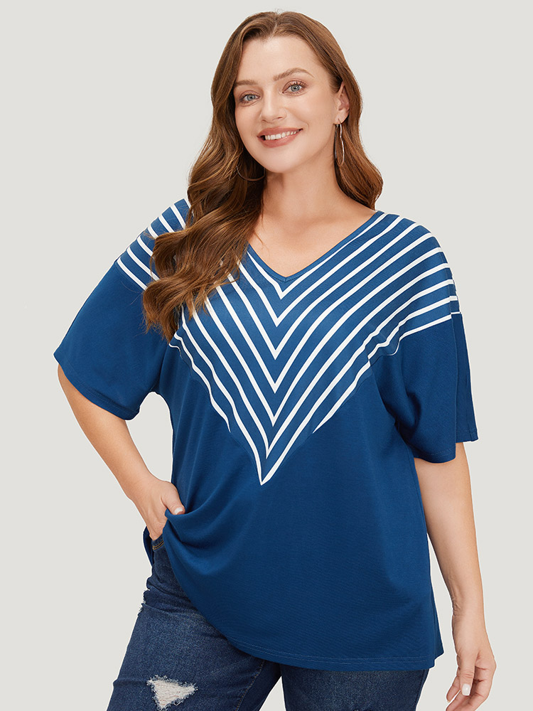 Plus Size Striped V Neck Batwing Sleeve Geometric T-shirt DarkBlue Women Casual Geometric V-neck Dailywear T-shirts BloomChic 26/4X 