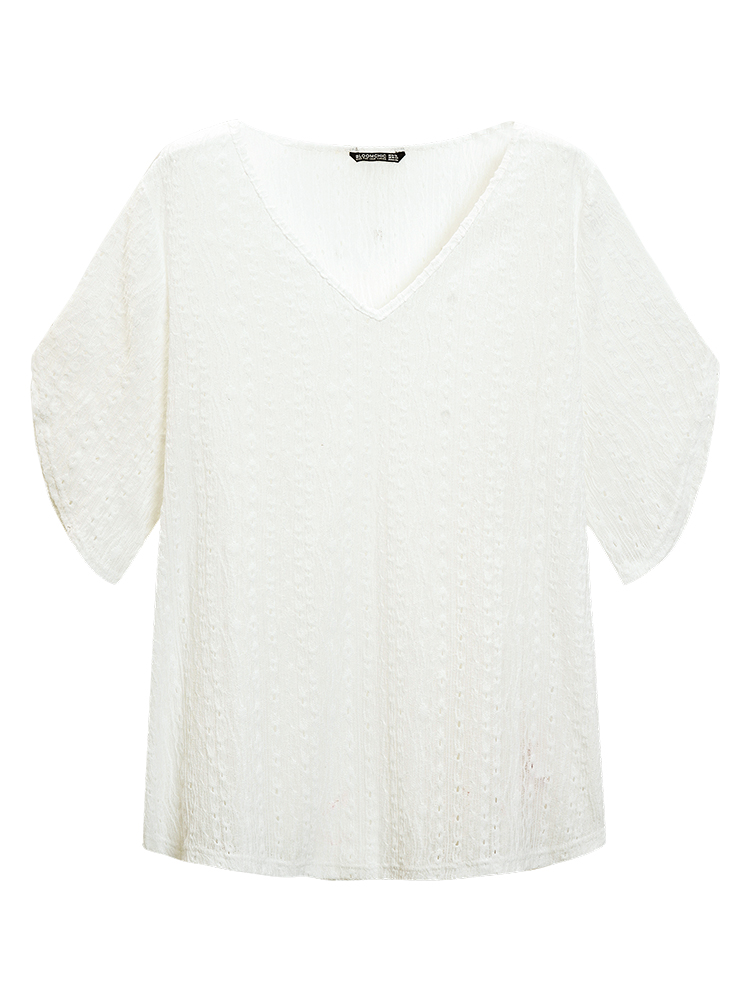 

Plain Split Sleeve Eyelet Textured T-shirt, White