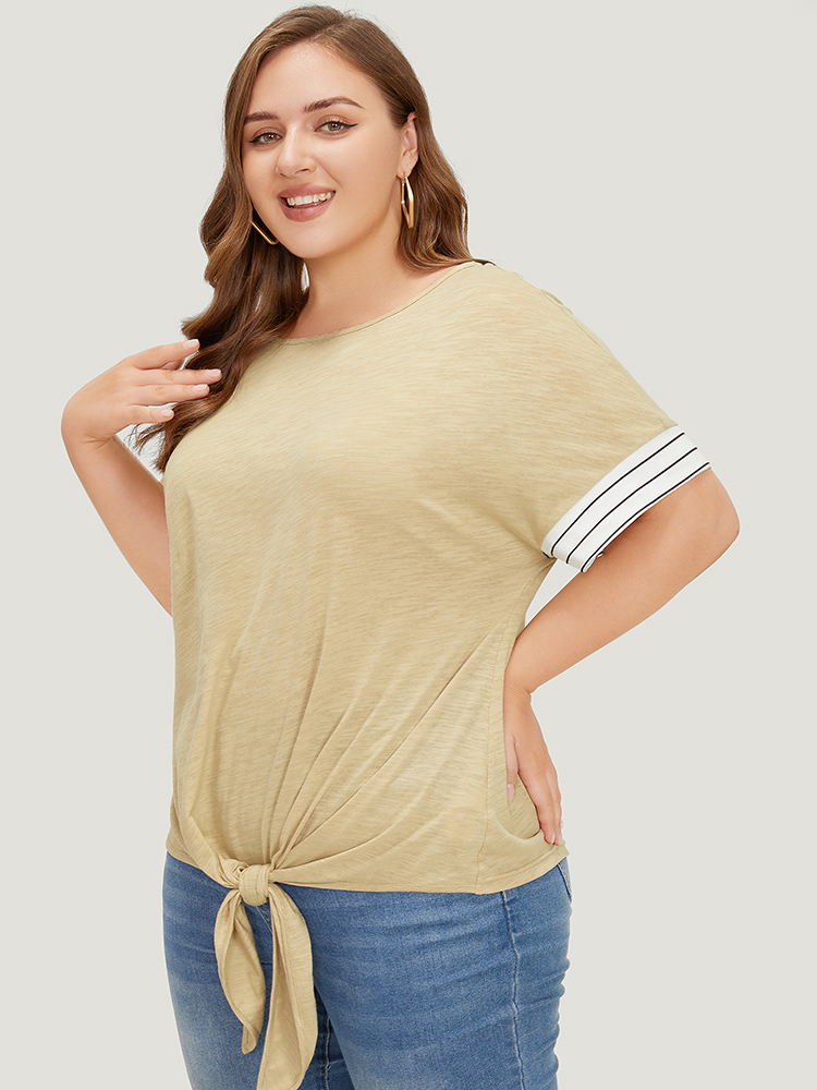 

Plus Size Striped Patchwork Knotted Hem Heather T-shirt LightBrown Women Casual Heather Striped Round Neck Dailywear T-shirts BloomChic