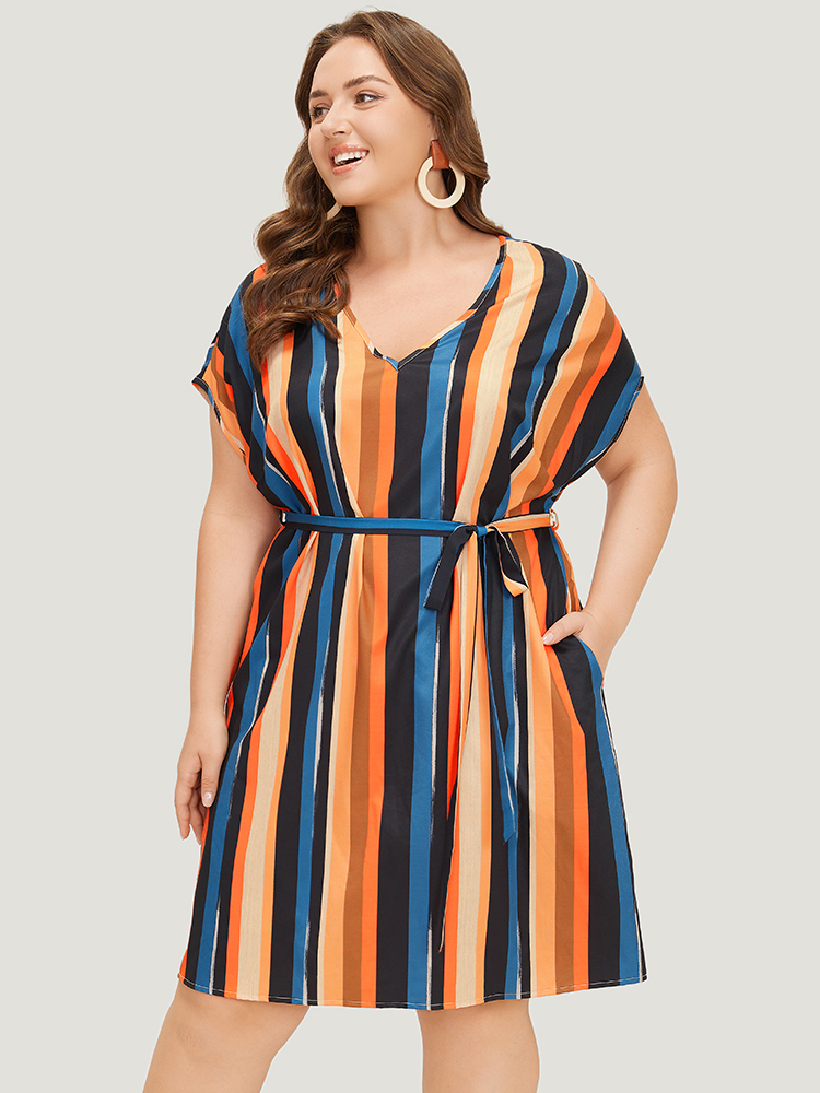 

Plus Size Rainbow Striped Batwing Sleeve Pocket Belt Dress Multicolor Women Vacation Contrast V-neck Short sleeve Curvy Knee Dress BloomChic