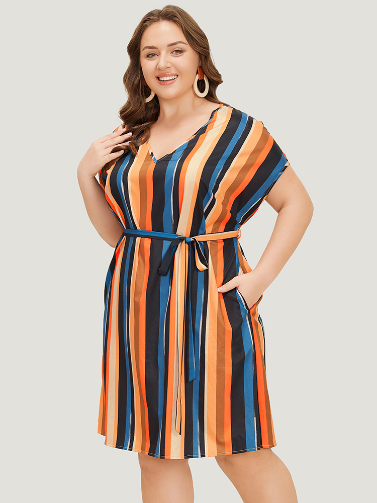 Plus Size Women Dailywear Striped Contrast Dolman Sleeve Short sleeve V-neck Pocket Belt Vacation Dresses BloomChic 