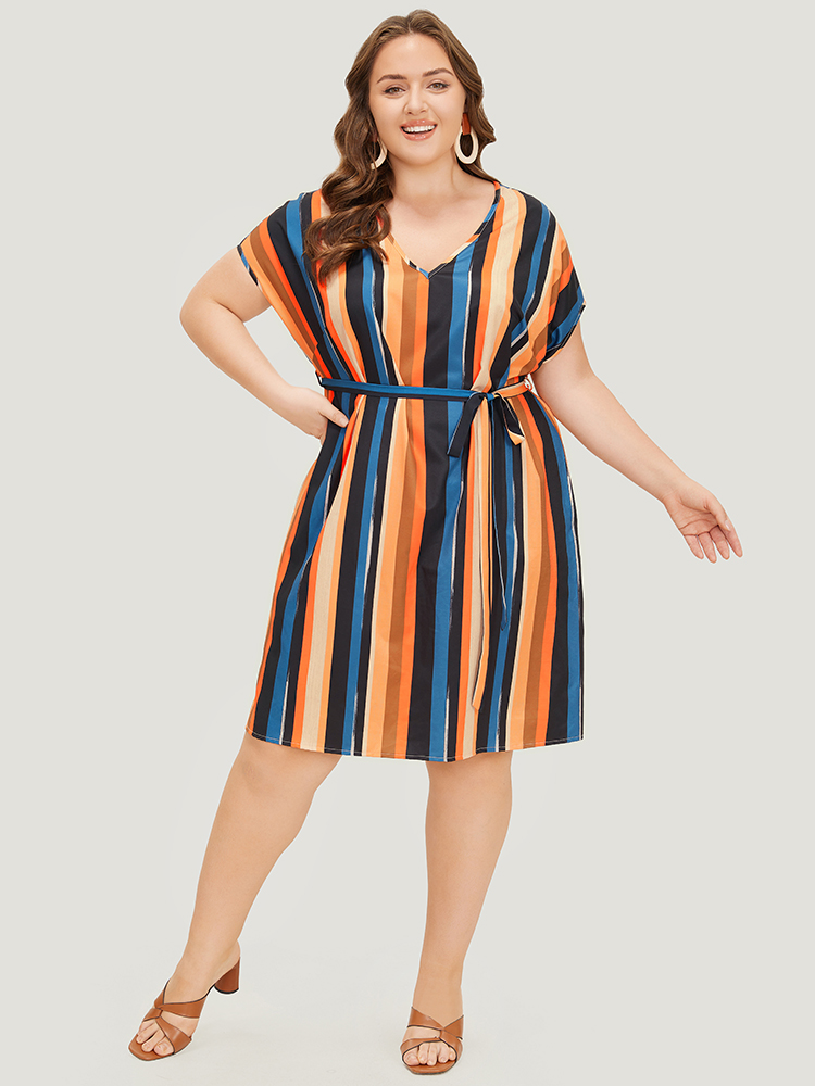 Plus Size Women Dailywear Striped Contrast Dolman Sleeve Short sleeve V-neck Pocket Belt Vacation Dresses BloomChic 