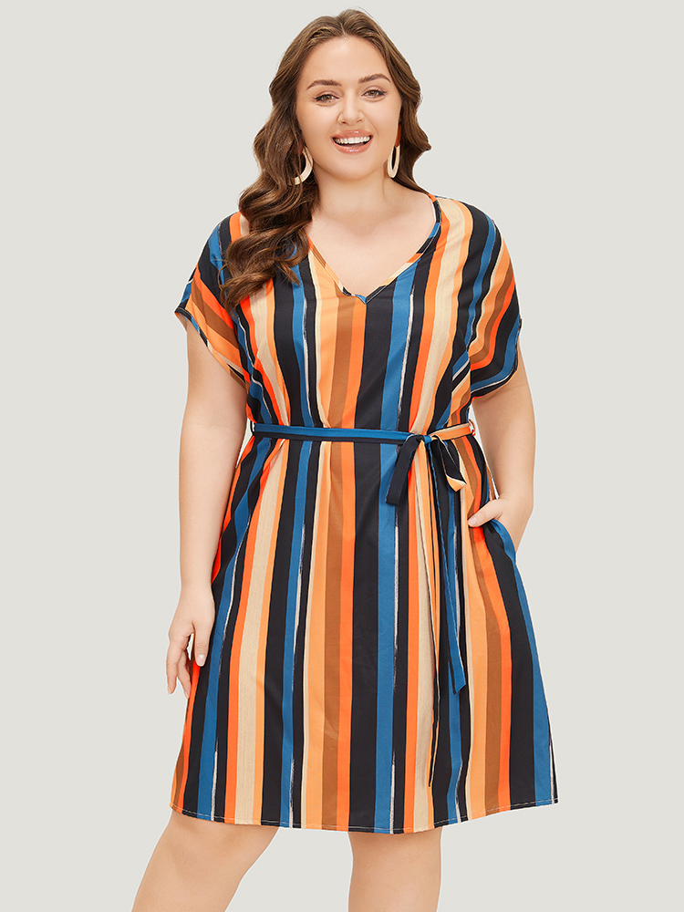 Plus Size Women Dailywear Striped Contrast Dolman Sleeve Short sleeve V-neck Pocket Belt Vacation Dresses BloomChic 