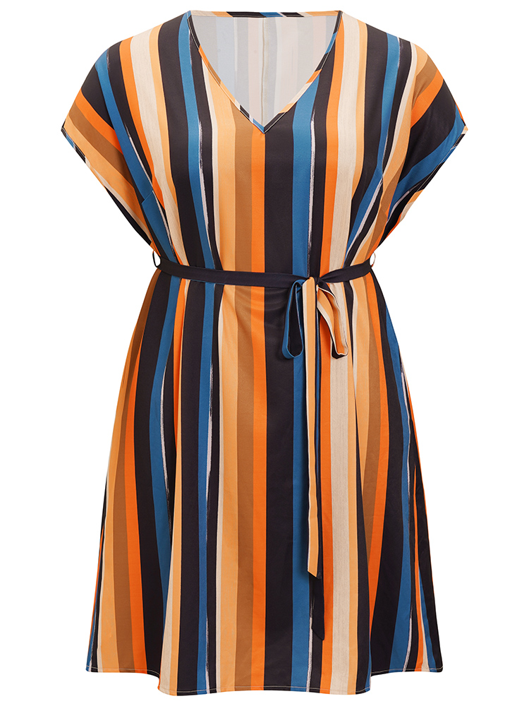 Plus Size Women Dailywear Striped Contrast Dolman Sleeve Short sleeve V-neck Pocket Belt Vacation Dresses BloomChic 