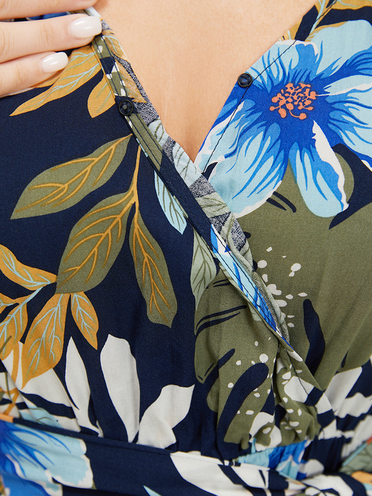 Plus Size Women Dailywear Floral Asymmetrical Ruffle Sleeve Short sleeve V-neck Pocket Belt Elegant Dresses BloomChic 