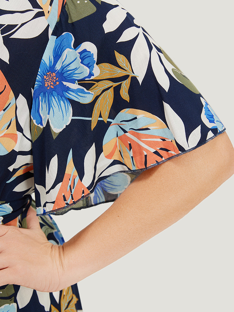 Plus Size Women Dailywear Floral Asymmetrical Ruffle Sleeve Short sleeve V-neck Pocket Belt Elegant Dresses BloomChic 