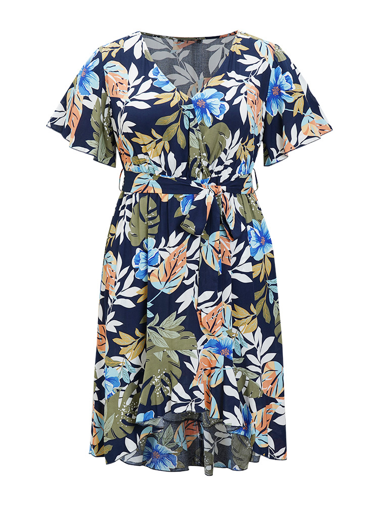 Plus Size Women Dailywear Floral Asymmetrical Ruffle Sleeve Short sleeve V-neck Pocket Belt Elegant Dresses BloomChic 