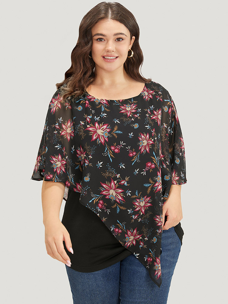 Plus Size Women Dailywear Floral Ruffle Sleeve Half Sleeve Round Neck Elegant T-shirts BloomChic 