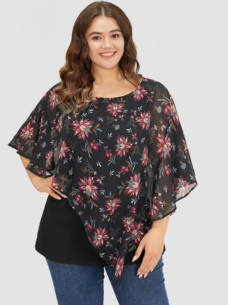 Plus Size Women Dailywear Floral Ruffle Sleeve Half Sleeve Round Neck Elegant T-shirts BloomChic 