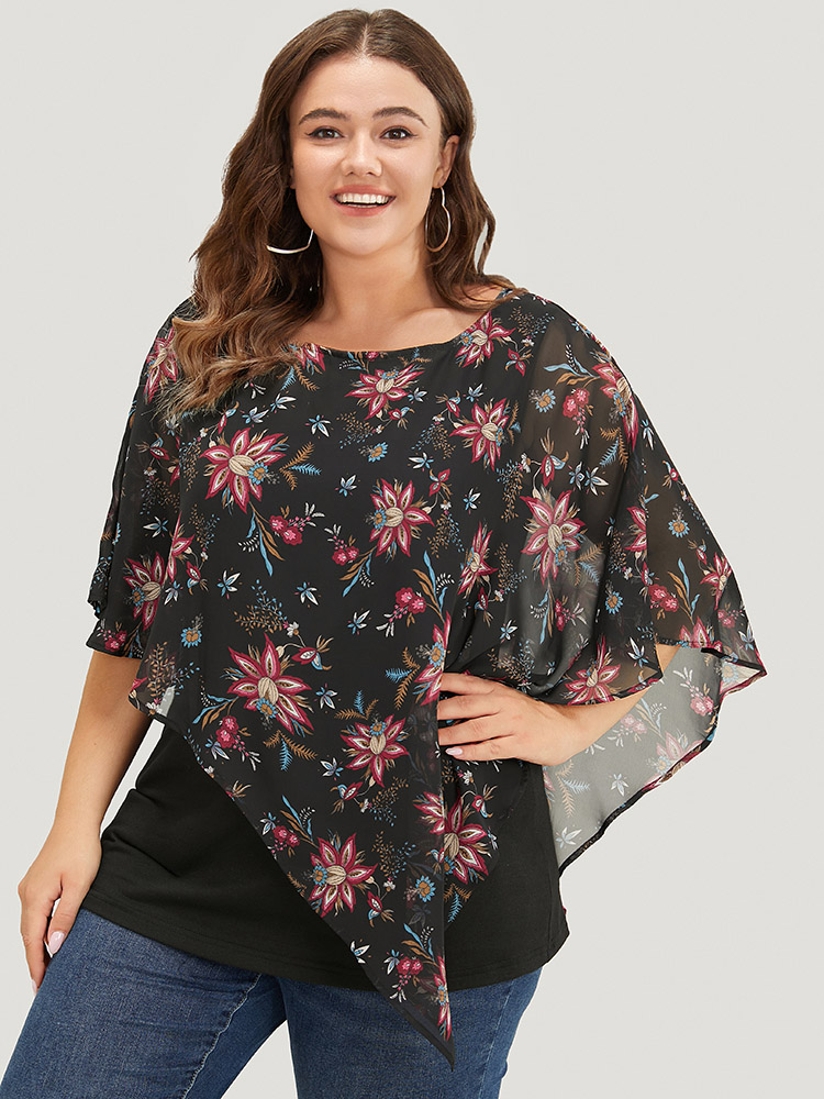 Plus Size Women Dailywear Floral Ruffle Sleeve Half Sleeve Round Neck Elegant T-shirts BloomChic 