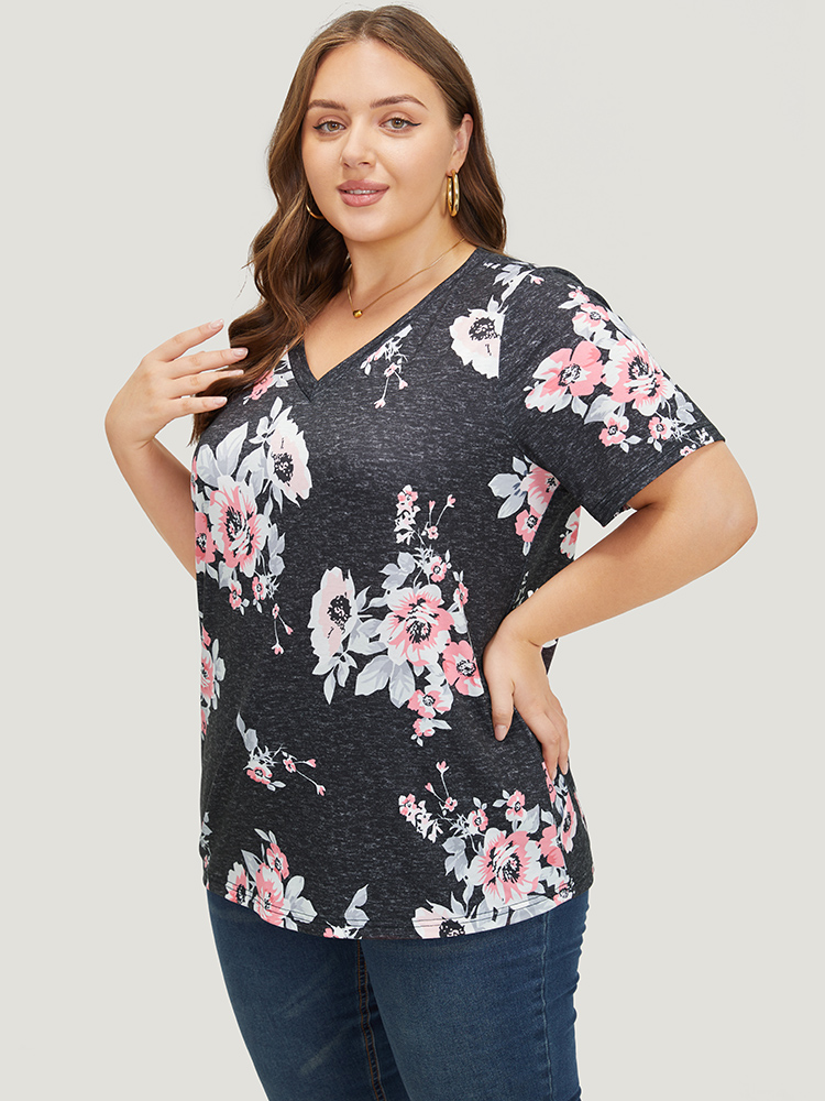 

Plus Size Floral Print V Neck Heather T-shirt Multicolor Women Elegant Heather Floral V-neck Dailywear T-shirts BloomChic