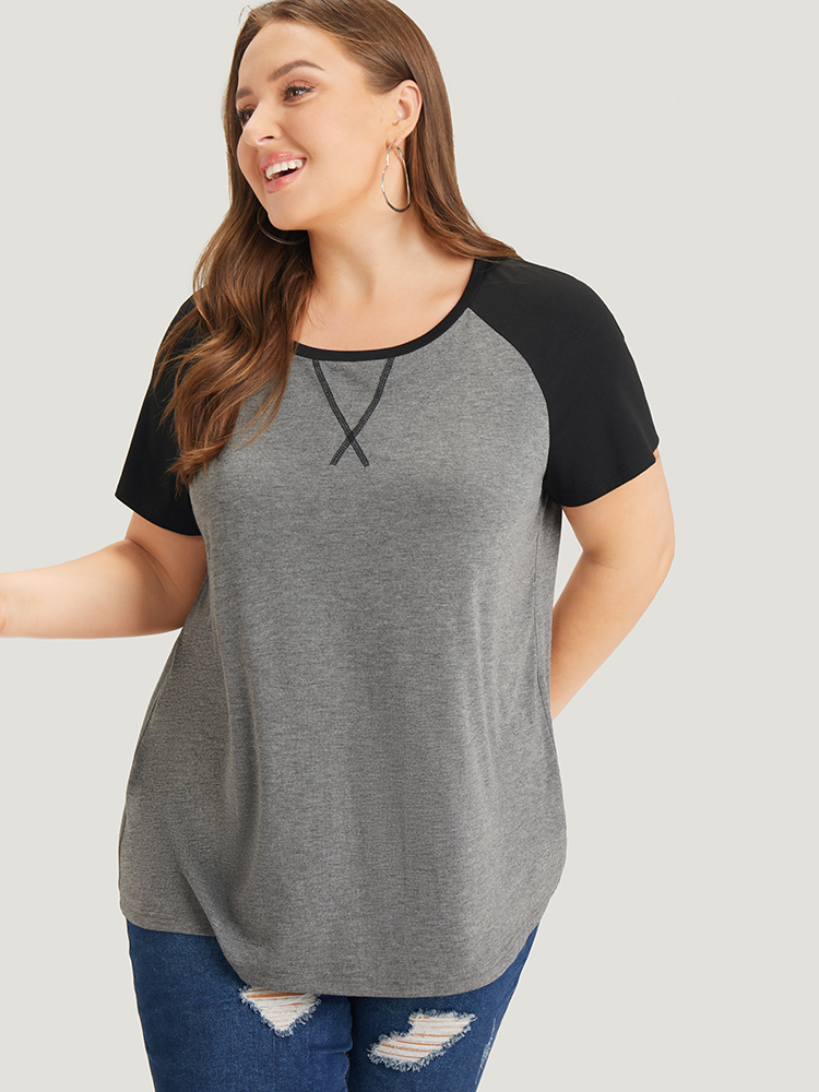 

Plus Size Two Tone Raglan Sleeve Crew Neck T-shirt DimGray Women Casual Contrast Colorblock Round Neck Dailywear T-shirts BloomChic