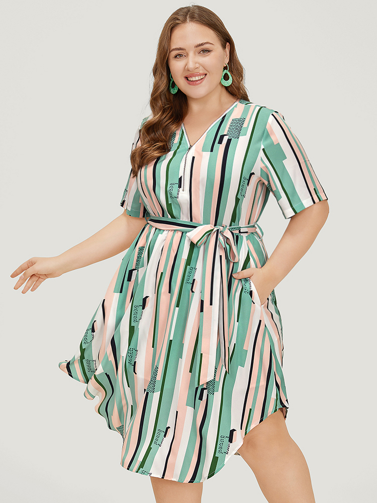 Plus Size Women Work Geometric Lined Regular Sleeve Short sleeve V-neck Pocket Belt Office Dresses BloomChic 