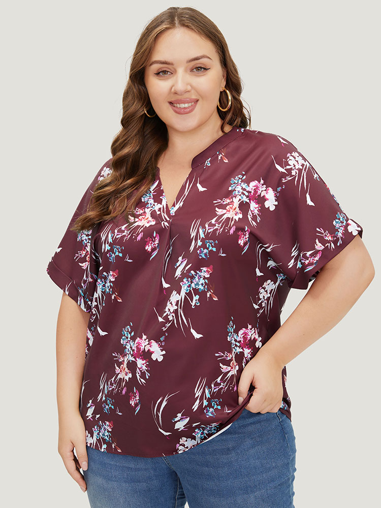 

Plus Size Scarlet Floral Roll Batwing Sleeve Notched Neck Blouse Women Elegant Short sleeve Notched collar Dailywear Blouses BloomChic