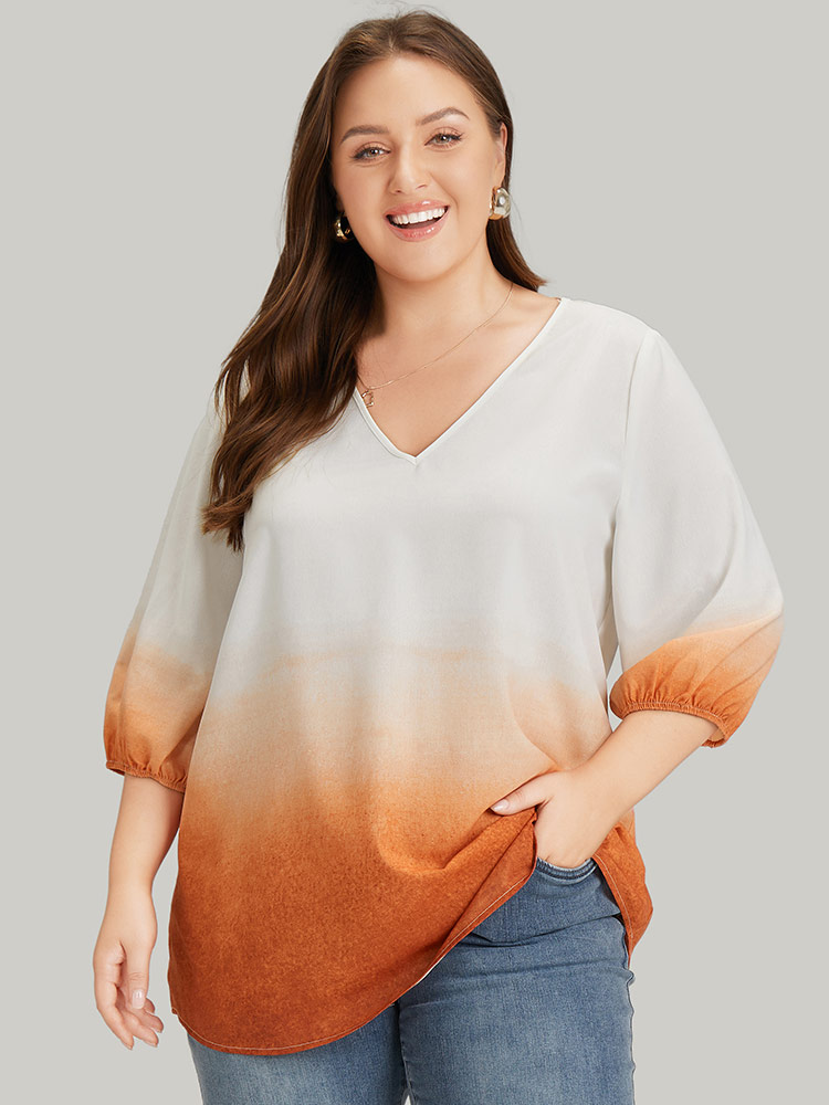 

Plus Size Orange Ombre Printed Lantern Sleeve Blouse Women Vacation Elbow-length sleeve V-neck Dailywear Blouses BloomChic