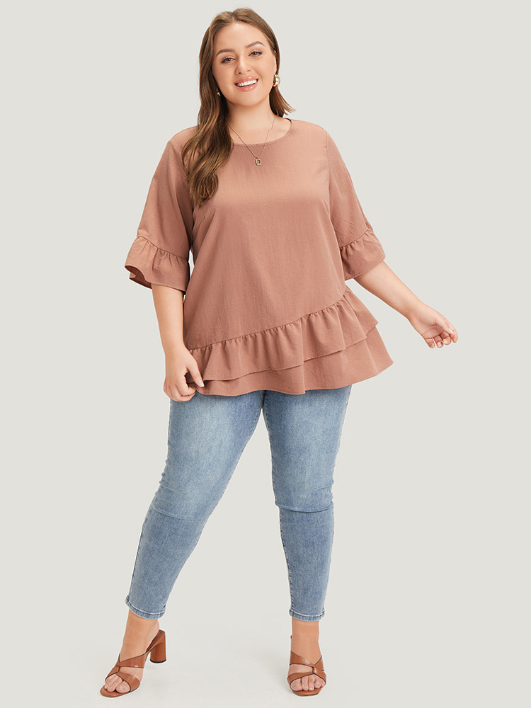 

Plus Size Rouge Solid Bell Sleeve Ruffle Layered Blouse Women Elegant Half Sleeve Round Neck Dailywear Blouses BloomChic