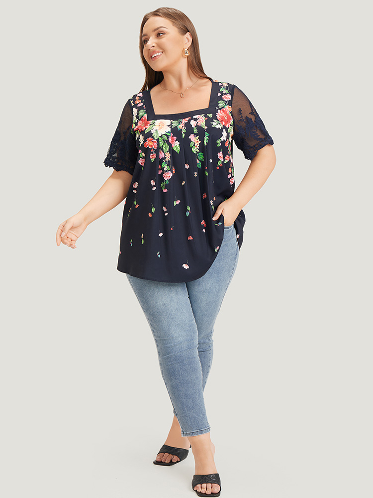 

Plus Size Indigo Floral Pleated Mesh Lace Sleeve Square Neck Blouse Women Vacation Short sleeve Square Neck Dailywear Blouses BloomChic