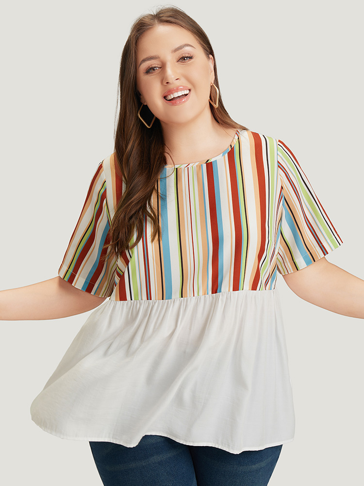 Plus Size Women Dailywear Striped Contrast Regular Sleeve Short sleeve Round Neck Elegant Blouses BloomChic 