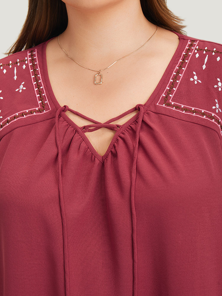 

Plus Size Burgundy Plain Embroidered Lace Up Bell Sleeve Blouse Women Vacation Elbow-length sleeve V-neck Dailywear Blouses BloomChic