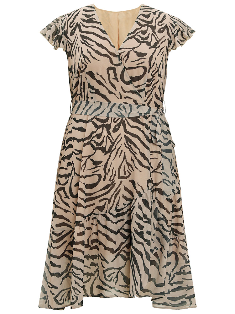 

Plus Size Zebra Print Ruffle Cap Sleeve Pocket Belt Wrap Dress LightBrown Women Wrap V-neck Cap Sleeve Curvy Knee Dress BloomChic