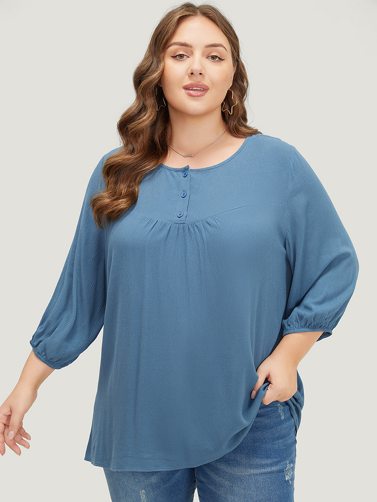 

Plus Size Stone Plain Button Up Gathered Lantern Sleeve Blouse Women Elegant Elbow-length sleeve Round Neck Dailywear Blouses BloomChic