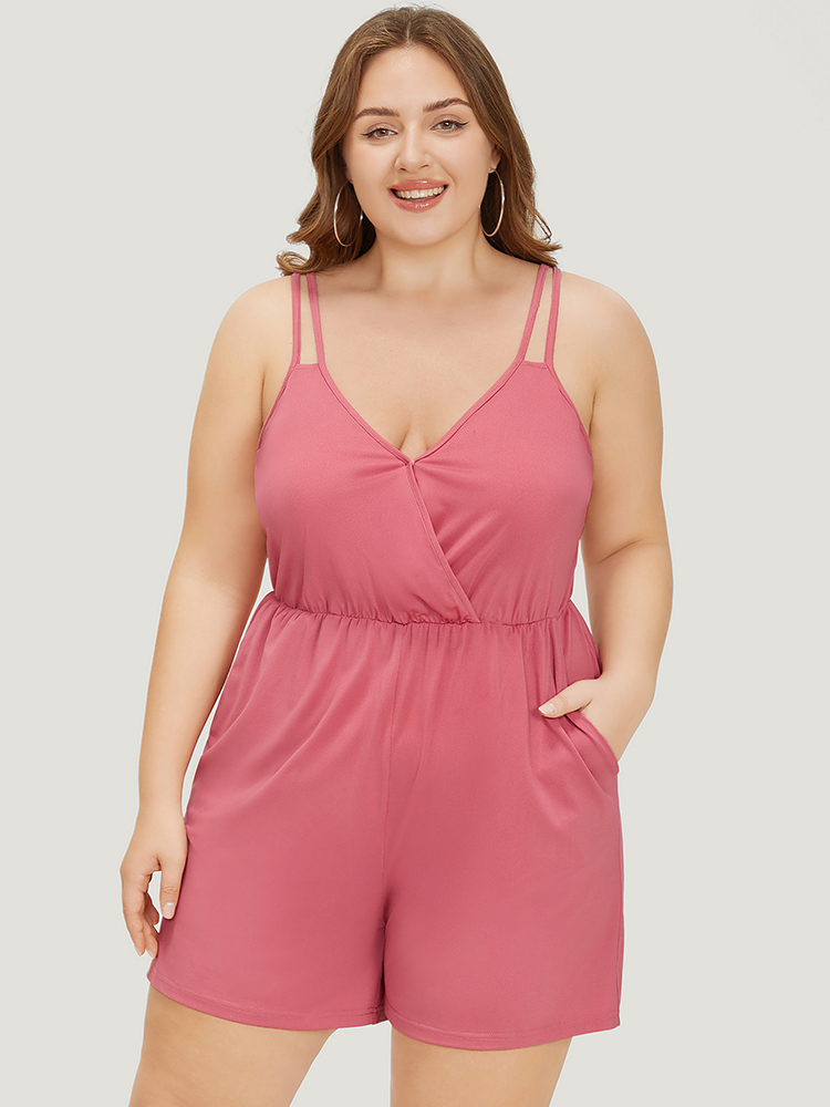 

Plus Size Plain Wrap Pocket Gathered Cami Romper Pink Plain Pocket Casual Dailywear  Rompers Bloomchic