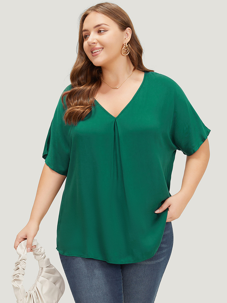 Plus Size Women Work Plain Pleated Dolman Sleeve Short sleeve V-neck Office Blouses BloomChic 