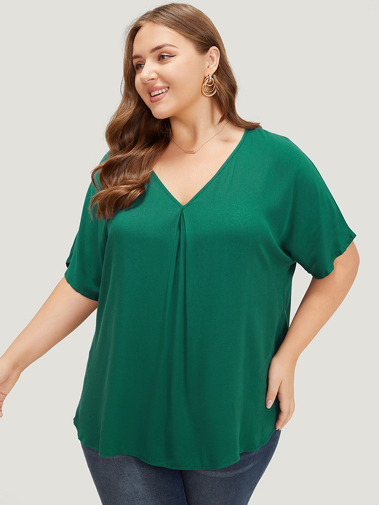 Plus Size Women Work Plain Pleated Dolman Sleeve Short sleeve V-neck Office Blouses BloomChic 