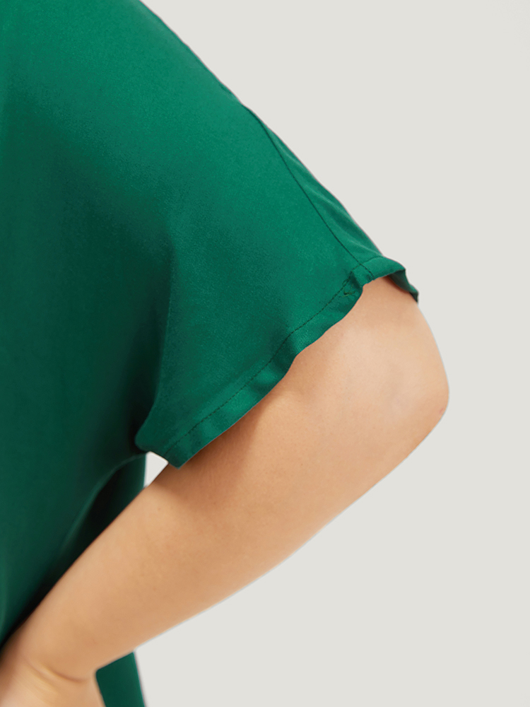 Plus Size Women Work Plain Pleated Dolman Sleeve Short sleeve V-neck Office Blouses BloomChic 