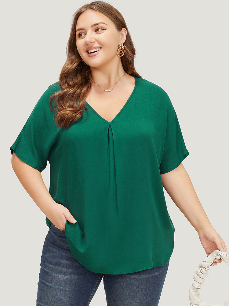 Plus Size Women Work Plain Pleated Dolman Sleeve Short sleeve V-neck Office Blouses BloomChic 