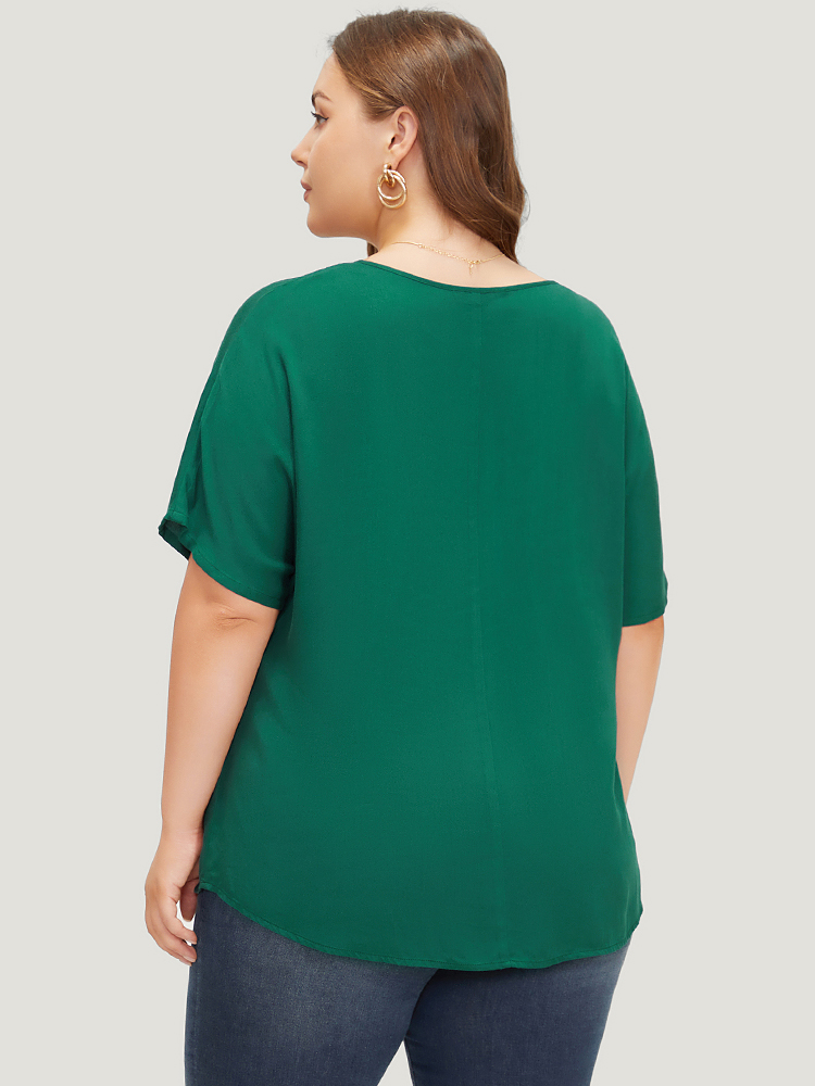 

Plus Size ArmyGreen Plain Plicated Detail Batwing Sleeve Curved Hem Blouse Women Office Short sleeve V-neck Work Blouses BloomChic