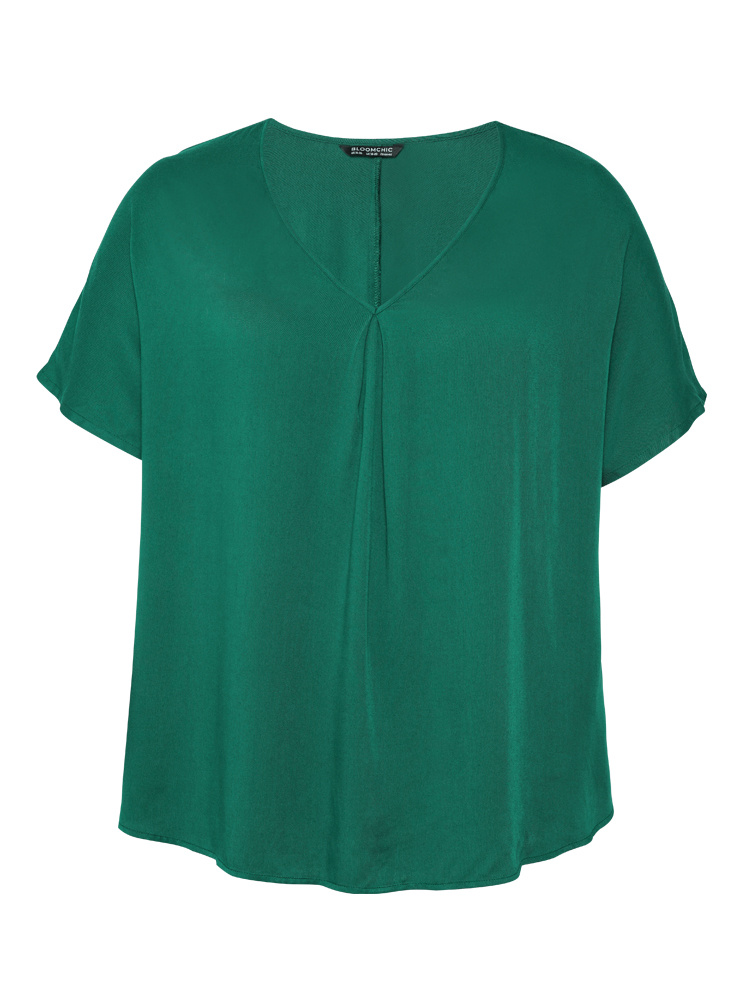 Plus Size Women Work Plain Pleated Dolman Sleeve Short sleeve V-neck Office Blouses BloomChic 