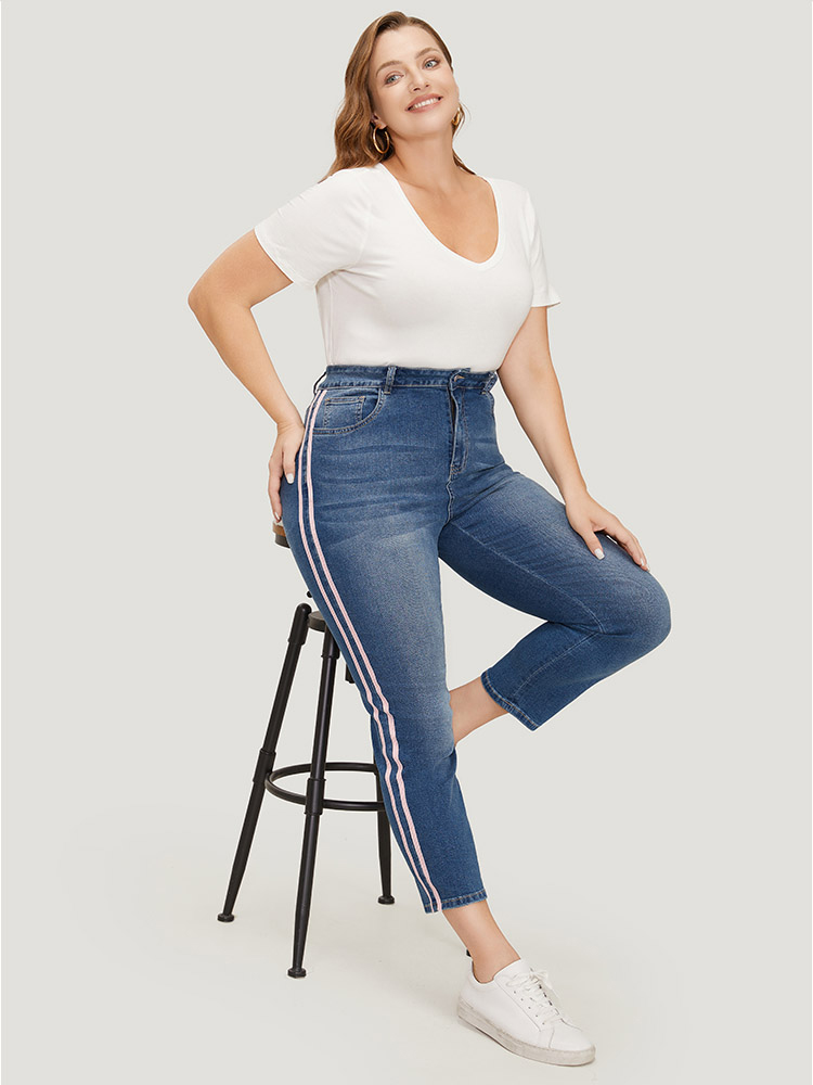 

Plus Size Very Stretchy Medium Wash Contrast Striped Jeans Women Blue Casual Plain Patchwork High stretch Pocket Jeans BloomChic