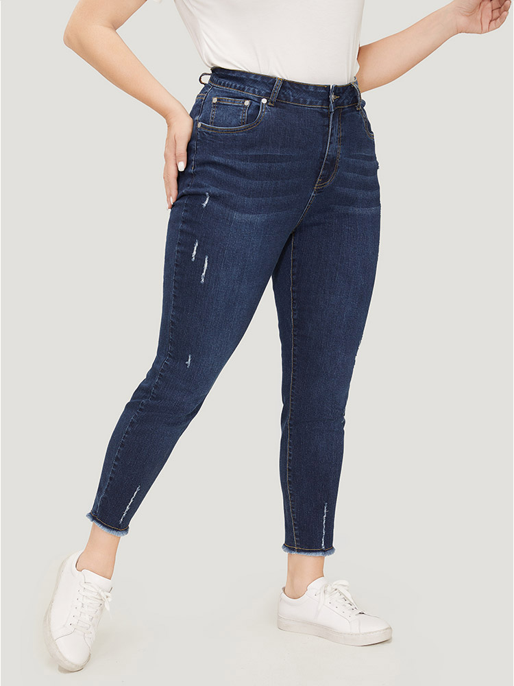 

Plus Size Straight Leg Very Stretchy Raw Hem Jeans Women DarkBlue Casual Plain High stretch Pocket Jeans BloomChic